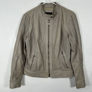 Cole Haan Lambskin Leather Full Zip Moto Racer Jacket Womens Size Large Beige